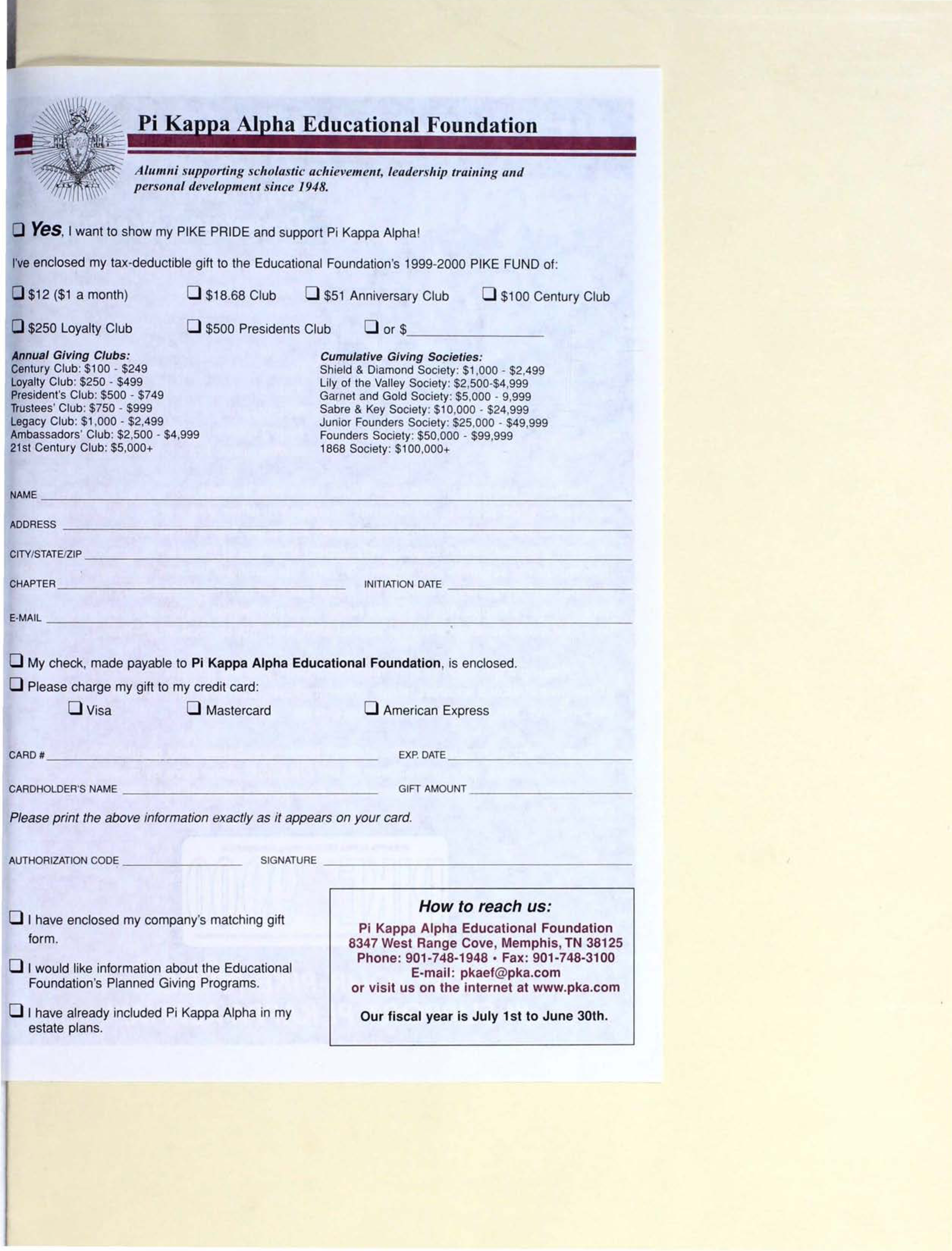 Pi Kappa Alpha Educational Foundation Form, Winter 1999